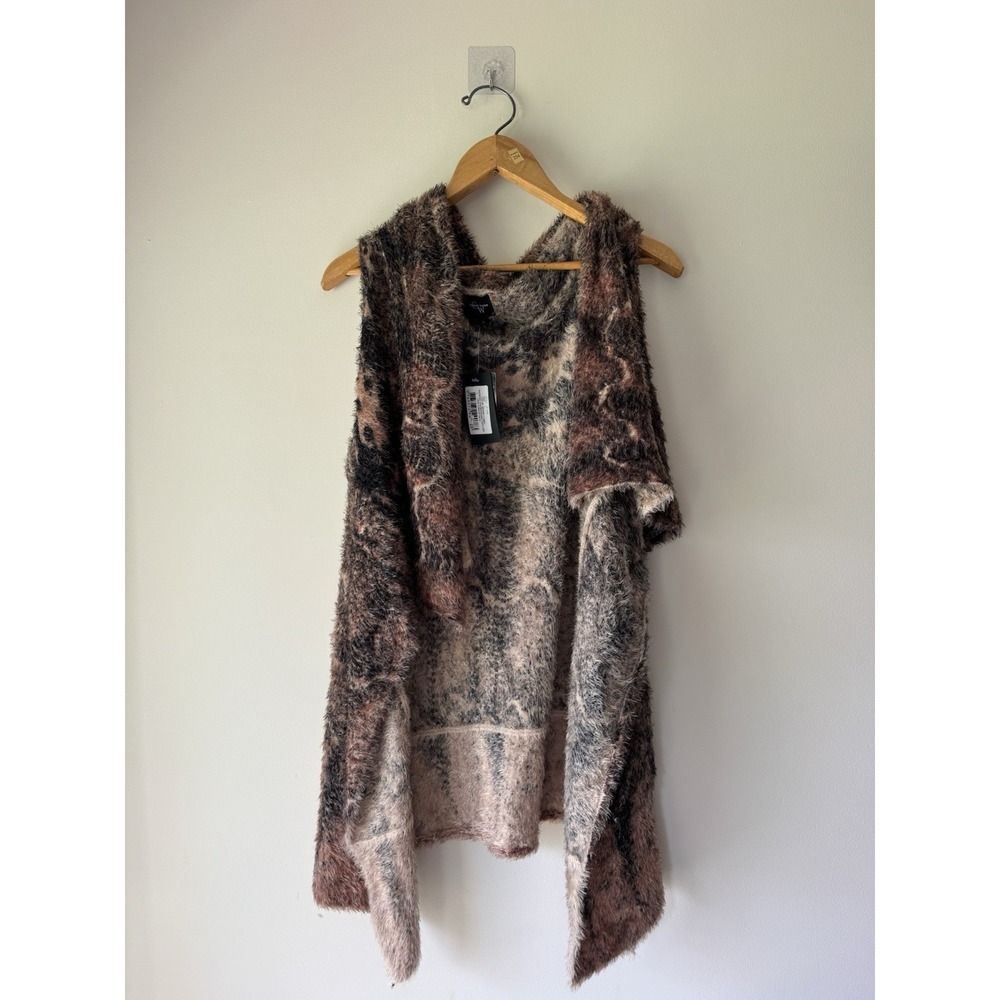 Colour Works New With Tags Women's Large Fuzzy Knit Vest Brown Combo Open Front